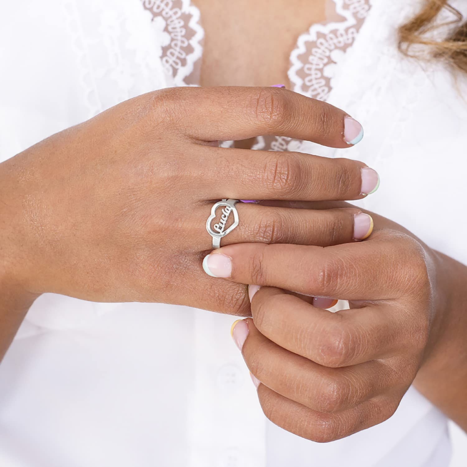Anillo Corazón con Nombre Personalizado Plata de Ley Ajustable para Mujer - Regalo Original Enamorado Flecha Cupido