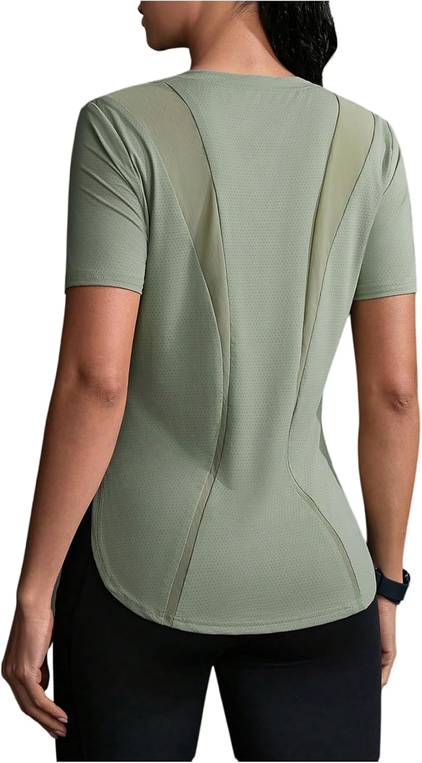 OYOANGLE Women's Solid Contrast Mesh Top Short Sleeve Breathable Sport Running Yoga Gym T-Shirt