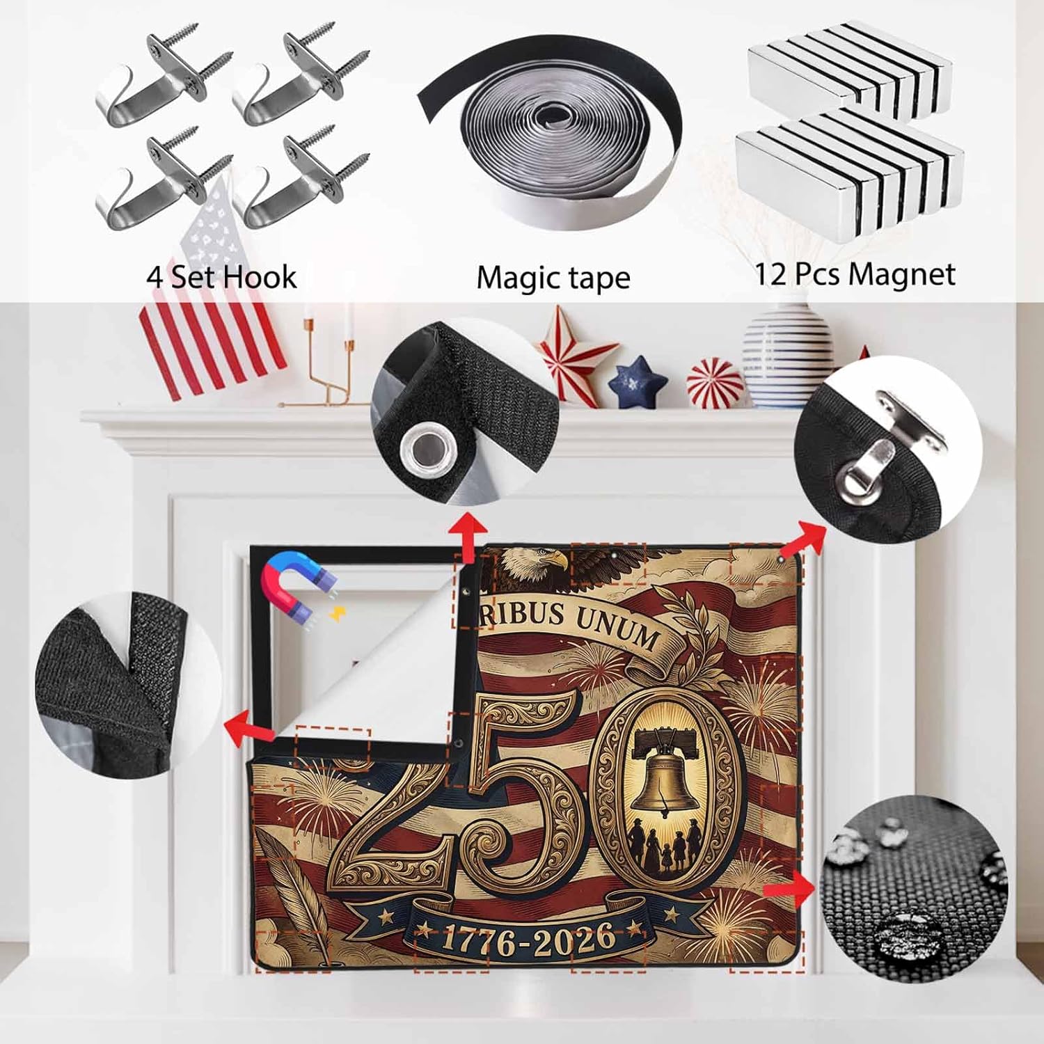 4th of July Magnetic Fireplace Cover 250th Anniversary Fireplace Screen Retro American Flag Eagle Insulation Fireplace Blocker Save Energy Fireplace Draft Stopper Covers for Living Room 36x30 Inch
