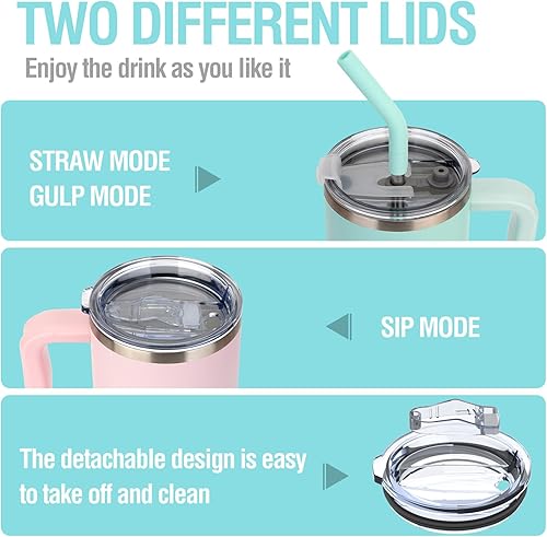 Miniatura 7 de Zukro Vaso de 24 onzas con asa, 2 tapas y pajilla, taza de café aislada al vacío para bebidas calientes y frías, acero inoxidable, portavasos, apto