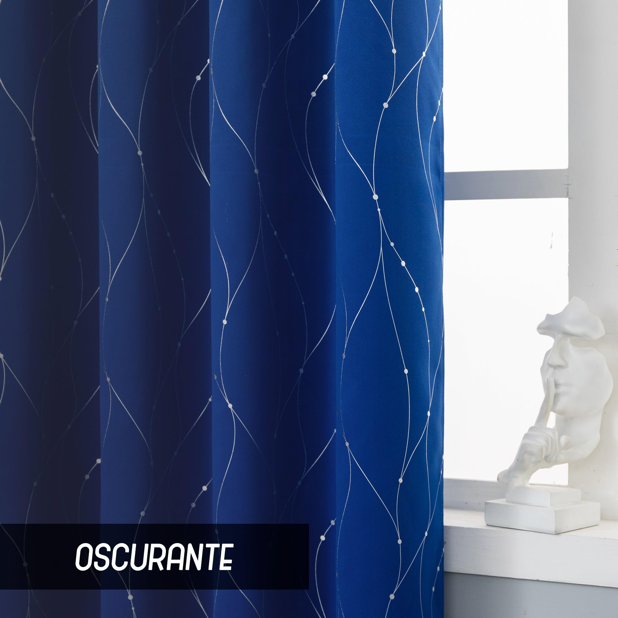 Par de cortinas opacas térmicas suaves con diseño entrelazado plateado - Cortina aislante para salón, dormitorio e interior - 2 paneles con ojales (140 x 145 cm, azul eléctrico)