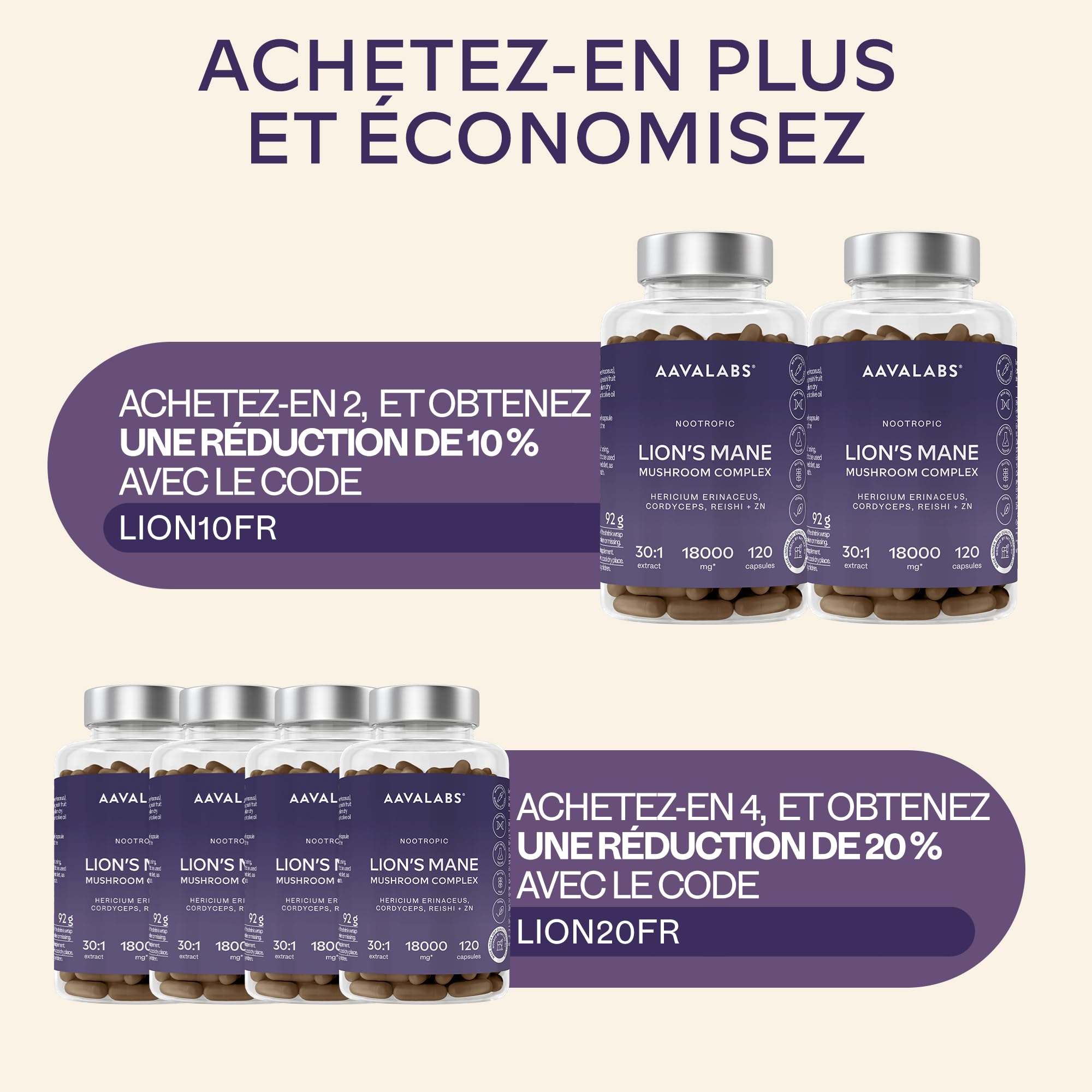 Lions Mane 18000mg 30:1 avec Cordyceps Sinensis, Reishi Ganoderma et Zinc | Criniere de Lion Champignon Hericium Erinaceus Nootropique Puissant Memoire et Concentration Mushroom Complex - 120 Gelules