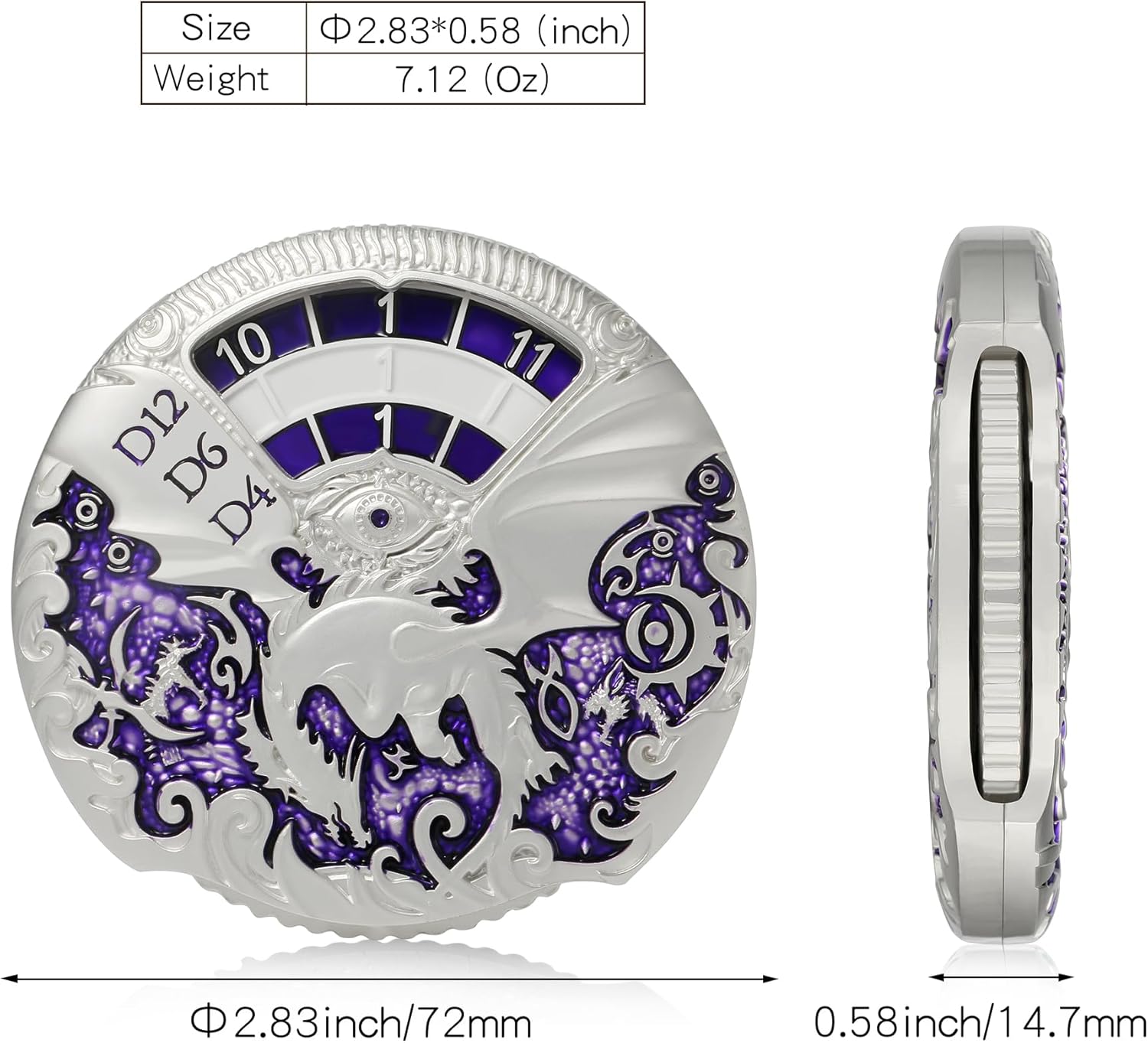 DNDND Dungeons and Dragons Roulette Spinner Dice 7-in-1 Spinner Metal D&D Dice Set with Gorgeous Gift Box for Dungeons and Dragon and Tabletop Game (Silver with Purple)