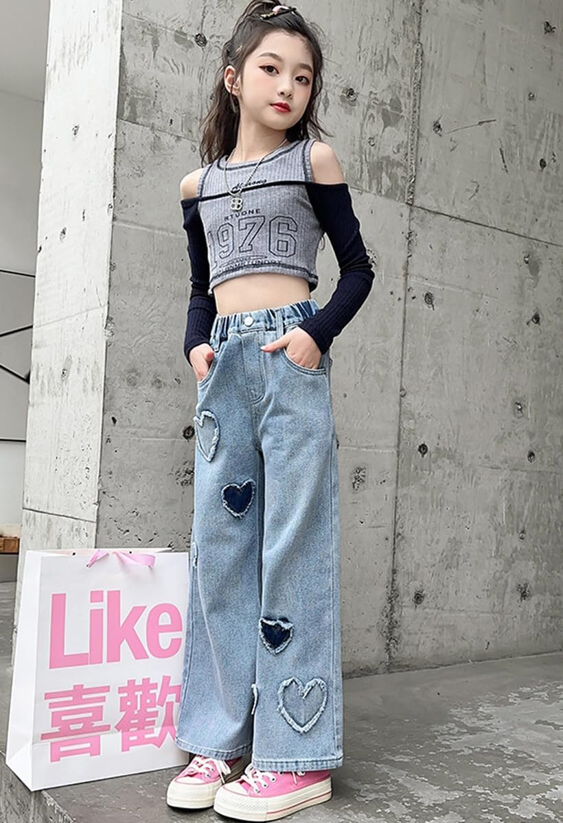 NABER Kids Girls Casual Baggy Wide Leg Denim Pants Elastic Waist Casual Jeans Age 5-14 - Image 4