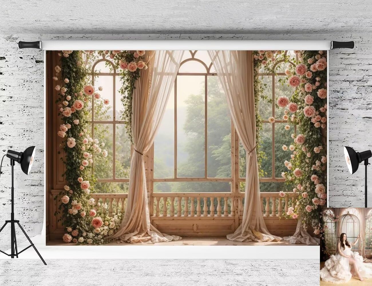 Kate Spring Pink Flowers Backdrop Window Room Background Whie Curtain Green Tree Photo Background Studio Props,7x5ft