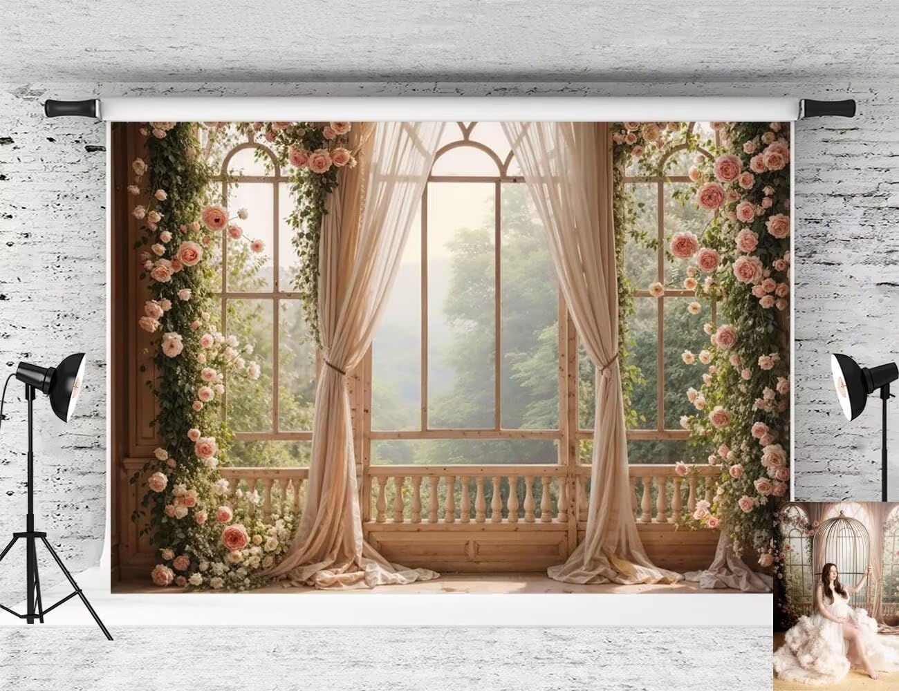 Kate Spring Pink Flowers Backdrop Window Room Background Whie Curtain Green Tree Photo Background Studio Props,7x5ft