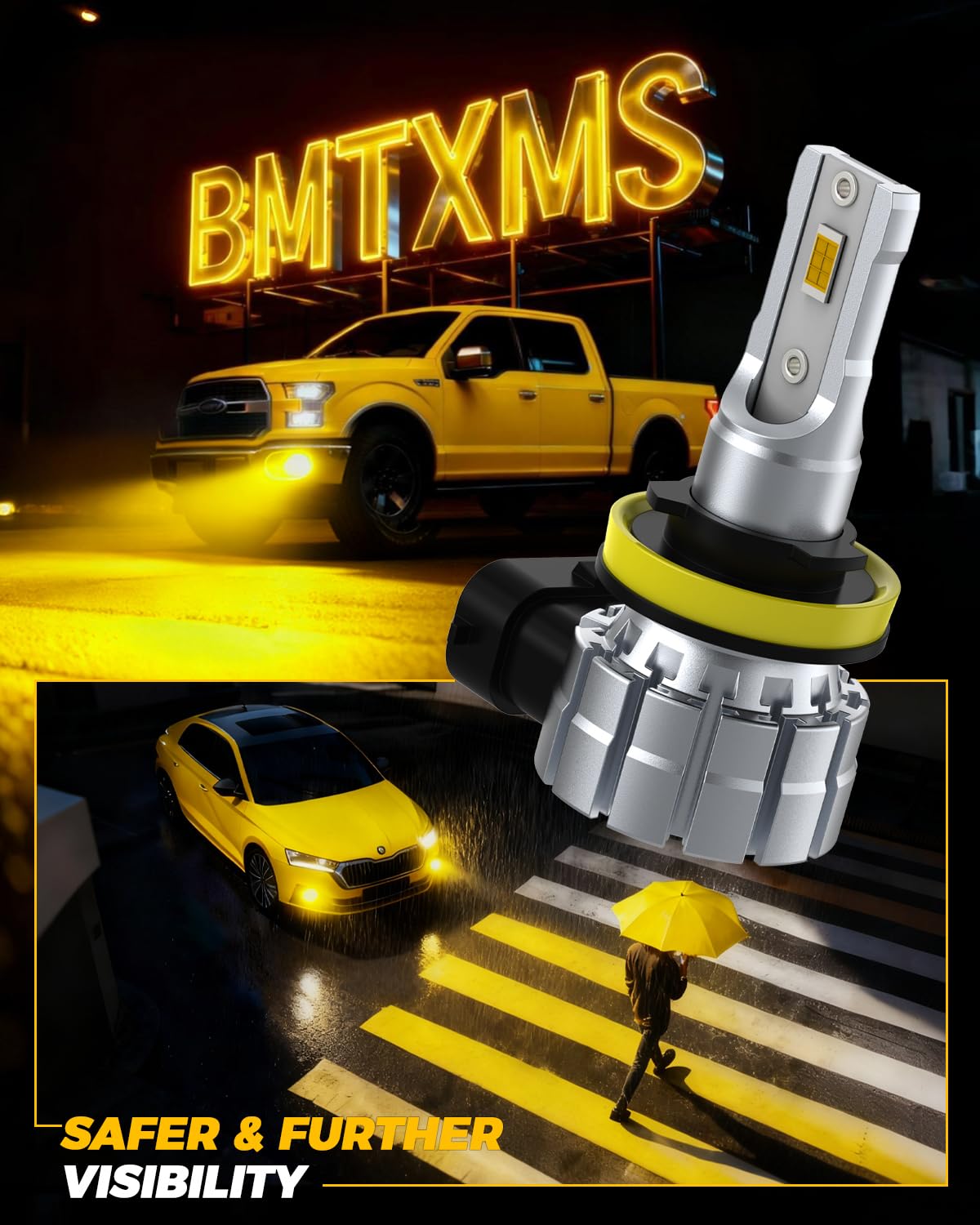 BMT xms Ampoule H11 LED, 16000LM 3000K Jaune ambré H8 H9 LED, 1:1 Taille Halogène, Plug and Play, Lot de 2