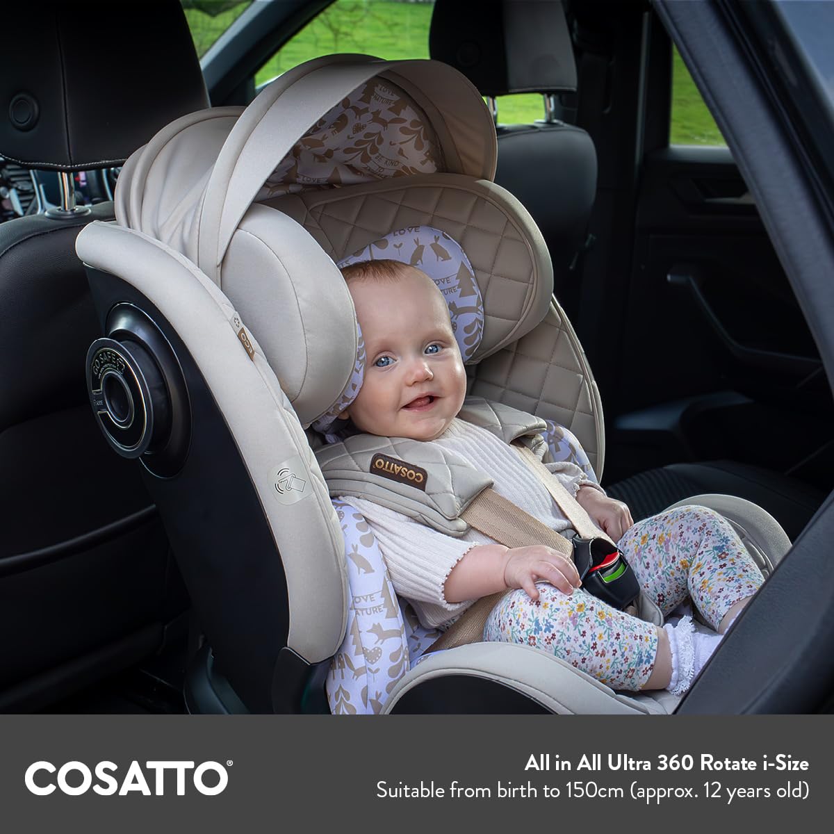 Cosatto All in All Ultra obrotowy 360° fotelik samochodowy na wszystkich etapach iSize – grupa 0+123, 0-36 kg, 0-12 lat, 40-150 cm, ISOFIX, ERF, R129 zgodność z systemem Anti Escape (Whisper)