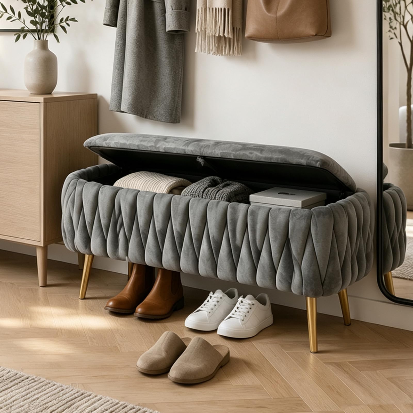Sitzbank mit Stauraum, Samt, Bettbank Gepolstert, Sitztruhe mit Stauraum, 105 cm Gold Metallbeine, bis 300 Kg Belastbar für Flur Eingangsbereich Wohnzimmer Schlafzimmer (Grey)