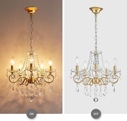 Miniatura 4 de ANJIADENGSHI Mini candelabro de cristal K9 dorado para sala de estar, dormitorio, comedor, isla de cocina, 5 bombillas E12 de alto 16.5 pulgadas de