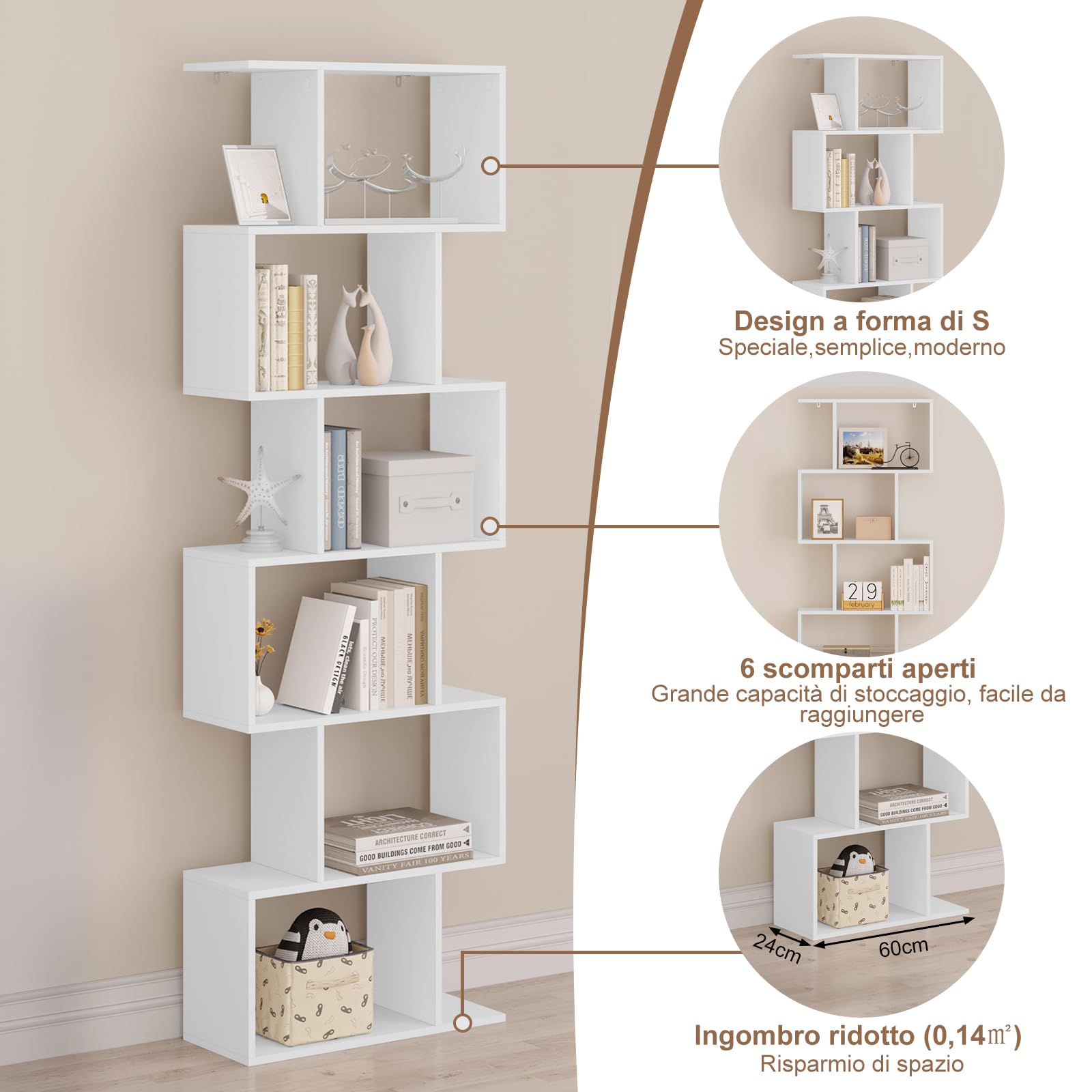 WOLTU Libreria Verticale a 6 Livelli, 6 Scomparti a Giorno | Scaffale Salvaspazio Bianco, per Camera da Letto, Studio, Ufficio, Soggiorno, Forma di S, in Legno