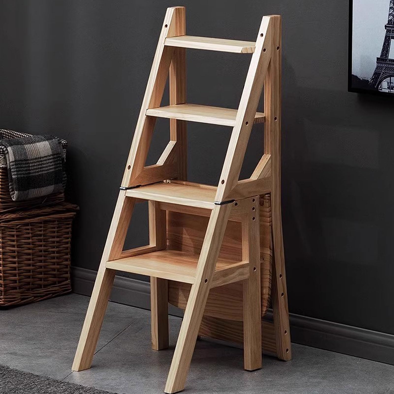 Tabouret-échelle pliant en bois à 4 marches convertible en chaise pour maison