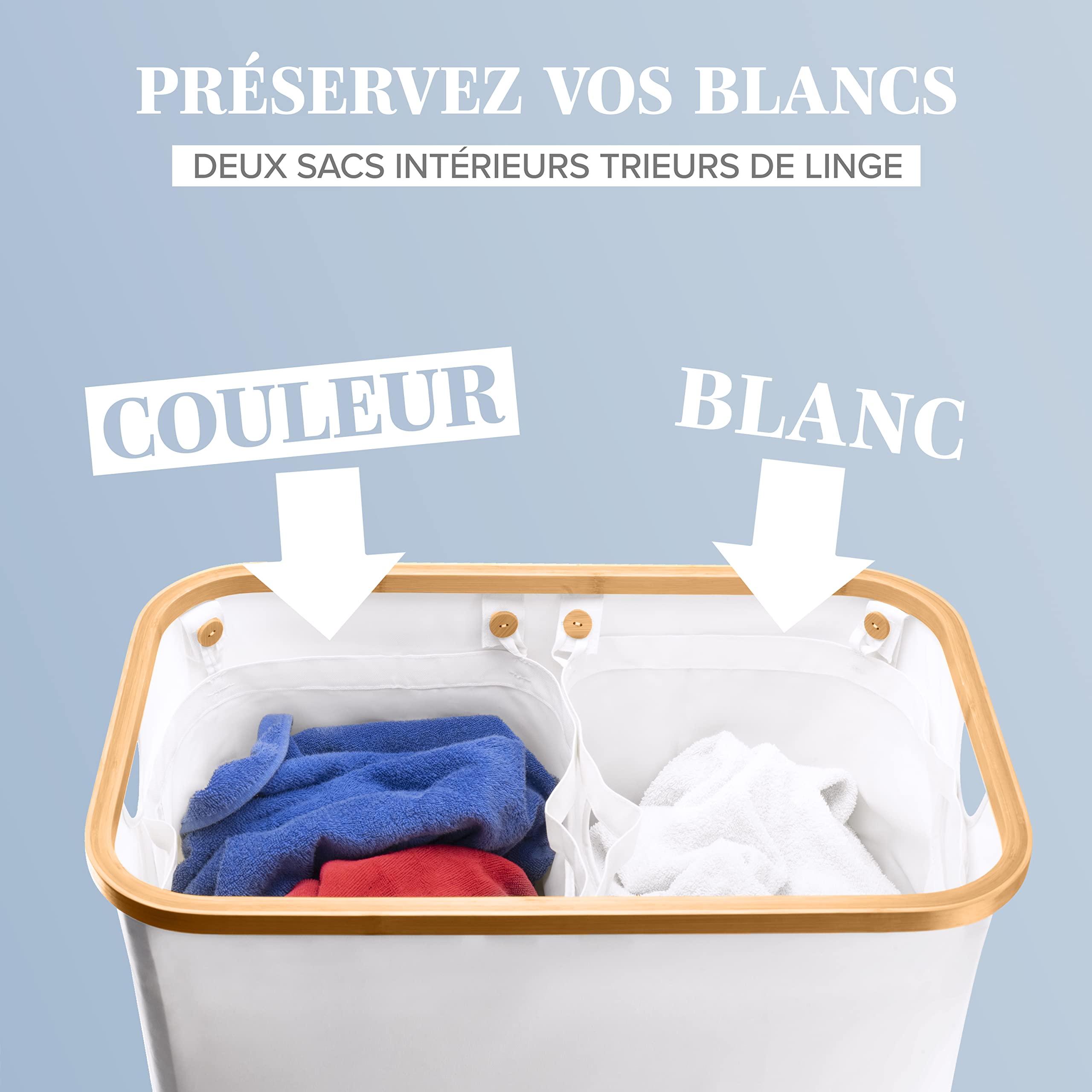 LONBET 150L Panier a Linge 2 Compartiment avec Couvercle et Cadre Bambou Robuste - Esthétique avec Poignées Latérales, Tissu Respirant - Sac Amovible Gris Clair
