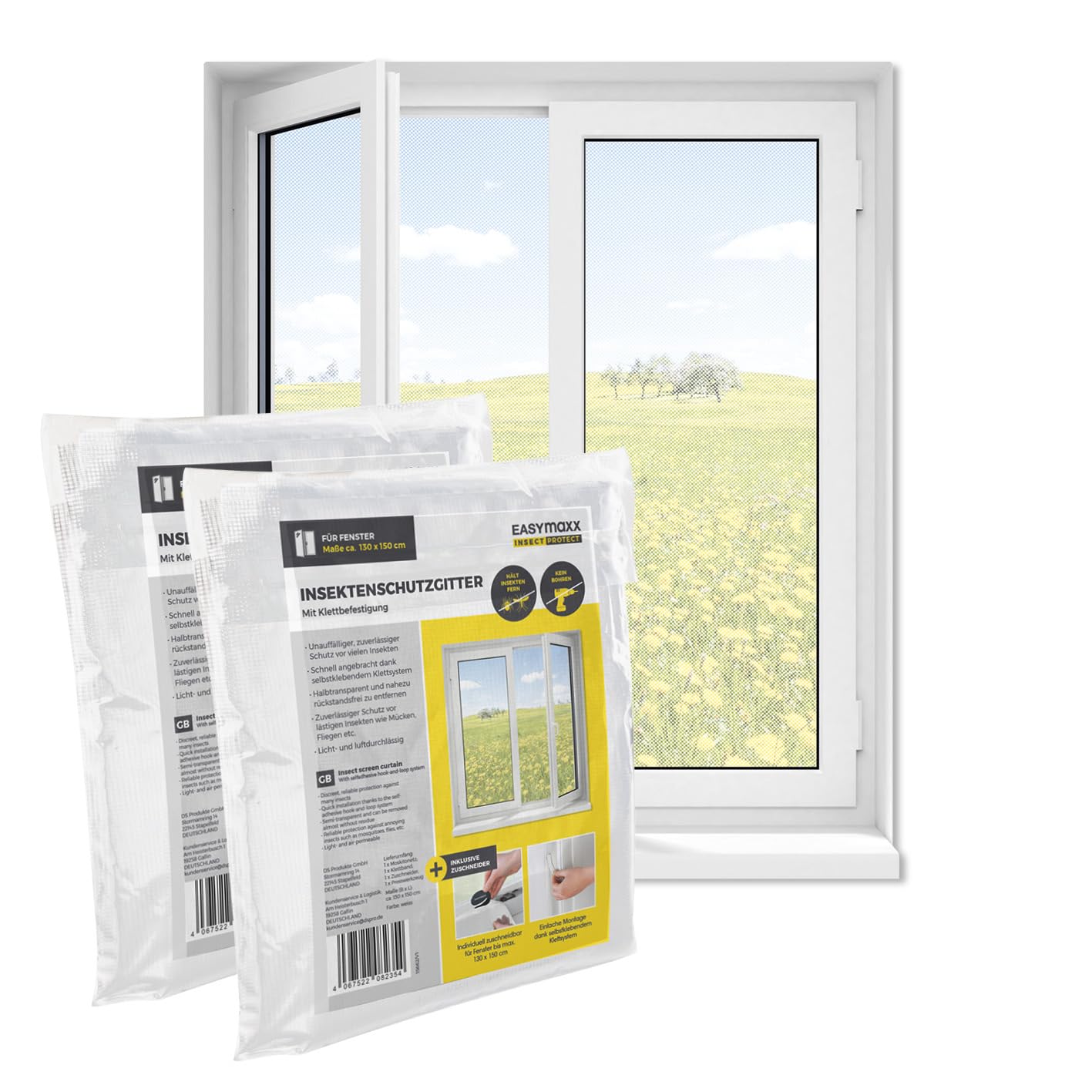 EASYmaxx Fliegengitter Fenster | Moskitonetz, Montage ohne Bohren | zuschneidbarer Insektenschutz Fenster bis 110 x 130 cm | Mückenschutz | Fliegennetz Klettband selbstklebend [2 Stück]