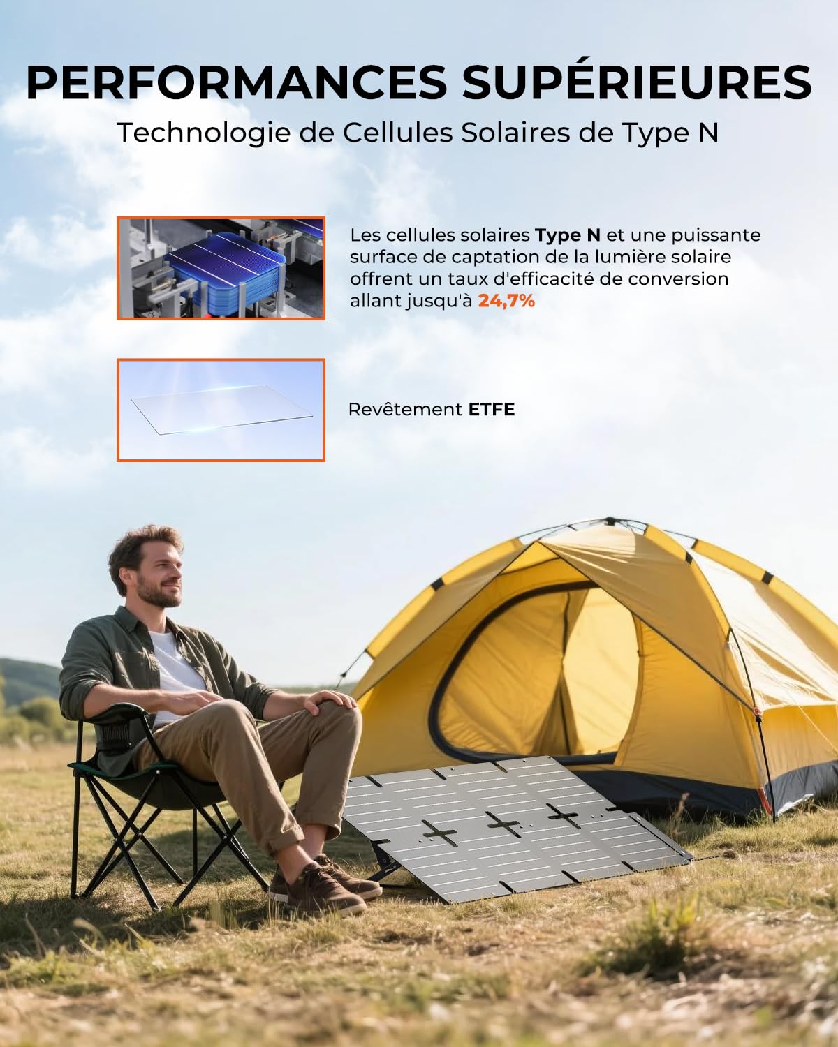 Chargeur Solaire Pliable 60W, BigBlue Panneau Solaire Portable ETFE QC3.0+PD45W+CC Sortie 22,2V【IP68 étanche et Support d'angle】pour Camping, Compatible avec Smartphone Tablette Station d'alimentation