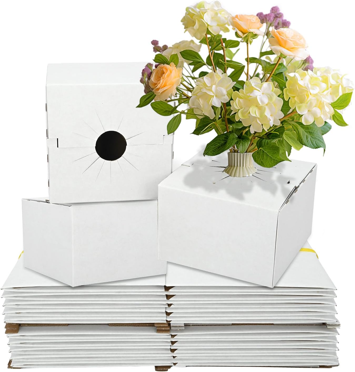 tonchean 100PCS Cardboard Delivery Boxes for Florists, Quick Fold Florist Delivery Box, Flower and Vase Boxes for Secure Floral Arrangements During Transport, 6" x 6" x 4"
