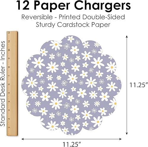 Miniatura 6 de Big Dot of Happiness Flores de margaritas moradas  Decoración de mesa redonda floral para fiesta  Cargadores de papel  Ajuste de lugar para 12