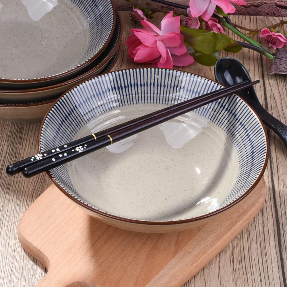 Japanese Ramen Bowls, 7.3 Inch (25.36 oz) Porcelain Noodle Pho Salad Soup Bowls Set of 4 Microwave Dishwasher Safe
