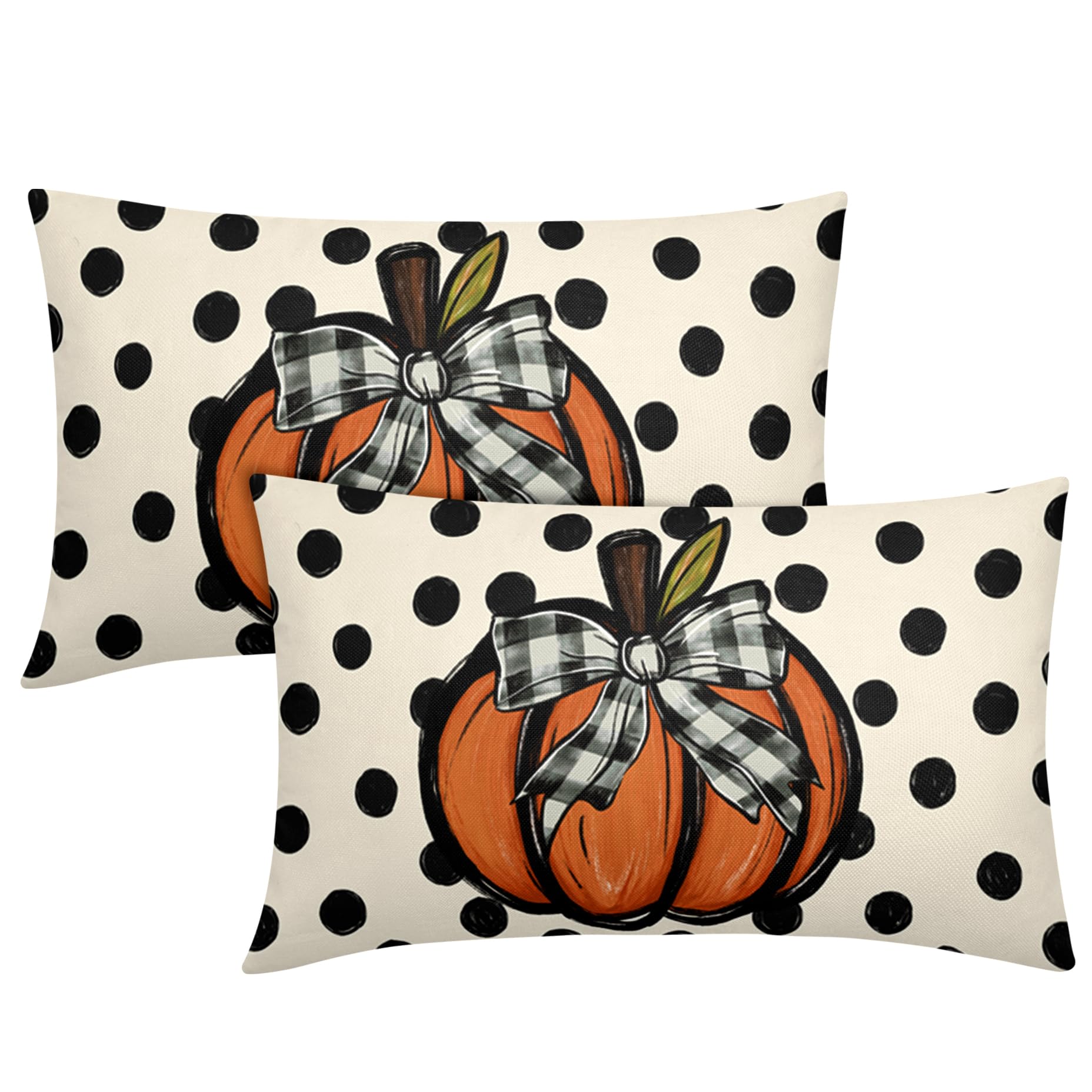 Fall Lumbar Pillow Covers 12X20 Inch Orange Pumpkin Polka Dot Thanksgiving Decorative Pillow Cases Set of 2 Autumn Cotton Linen Throw Pillows