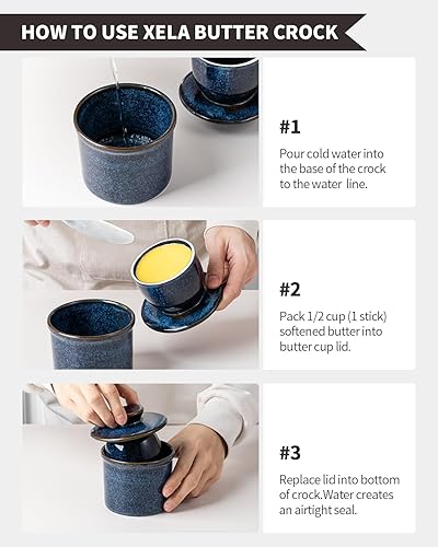 Vista 6 de XELA Ceramic Butter Crock, The Original Reactive Glaze, Butter Dish With Water Line for Spreadable Fresh Butter - Kiln Turns Blue Horno se vuelve