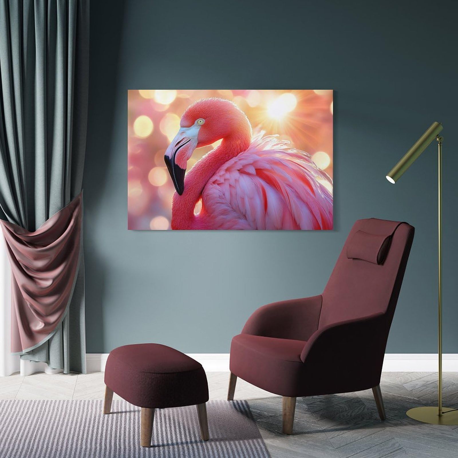 Junmoney Frame-Style-16 Canvas Art Print Pink Flamingo Portrait With Bokeh Background, 24X36inch(60X90cm), For Office, Study Or Home Workspace, Wall Art That Adds Style To Work Areas