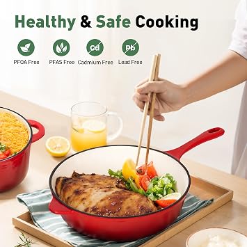 Kitchen Academy Red Enameled Cast Iron Cookware Sets - 7 Pieces Induction Hob Pans & Dutch Oven Sets, Healthy Pots and Pans Set, PFAS-Free