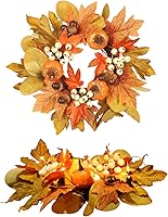 Vista 3 de Coronas de velas de otoño de 12 pulgadas, pequeña corona de otoño para candelabro, guirnalda decorativa de ratán con hojas de arce, bayas