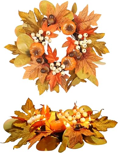 Miniatura 9 de Anillos portavelas de otoño de 12 pulgadas, diseño de hoja de arce y calabaza, guirnalda de velas artificiales para mesa, bodas, fiestas de Acción