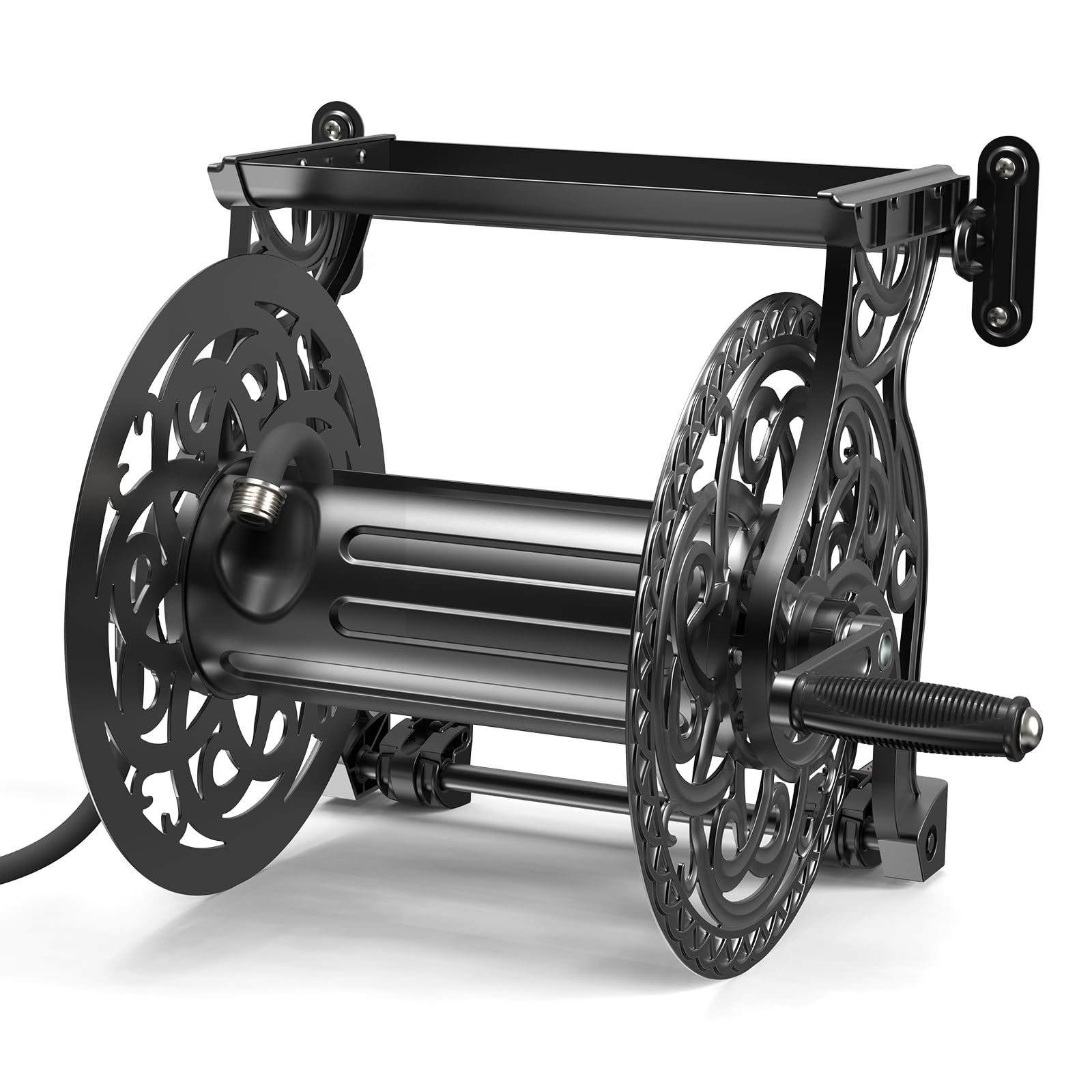 Relhost Garden Hose Reel, Hose Holder with Aluminum Frame, Never-Leak System, Easy Assembly, Hose Reel Wall Mount Holds 135 ft x 5/8 in Hose, Ideal for Backyards, Gardens（hose not include）