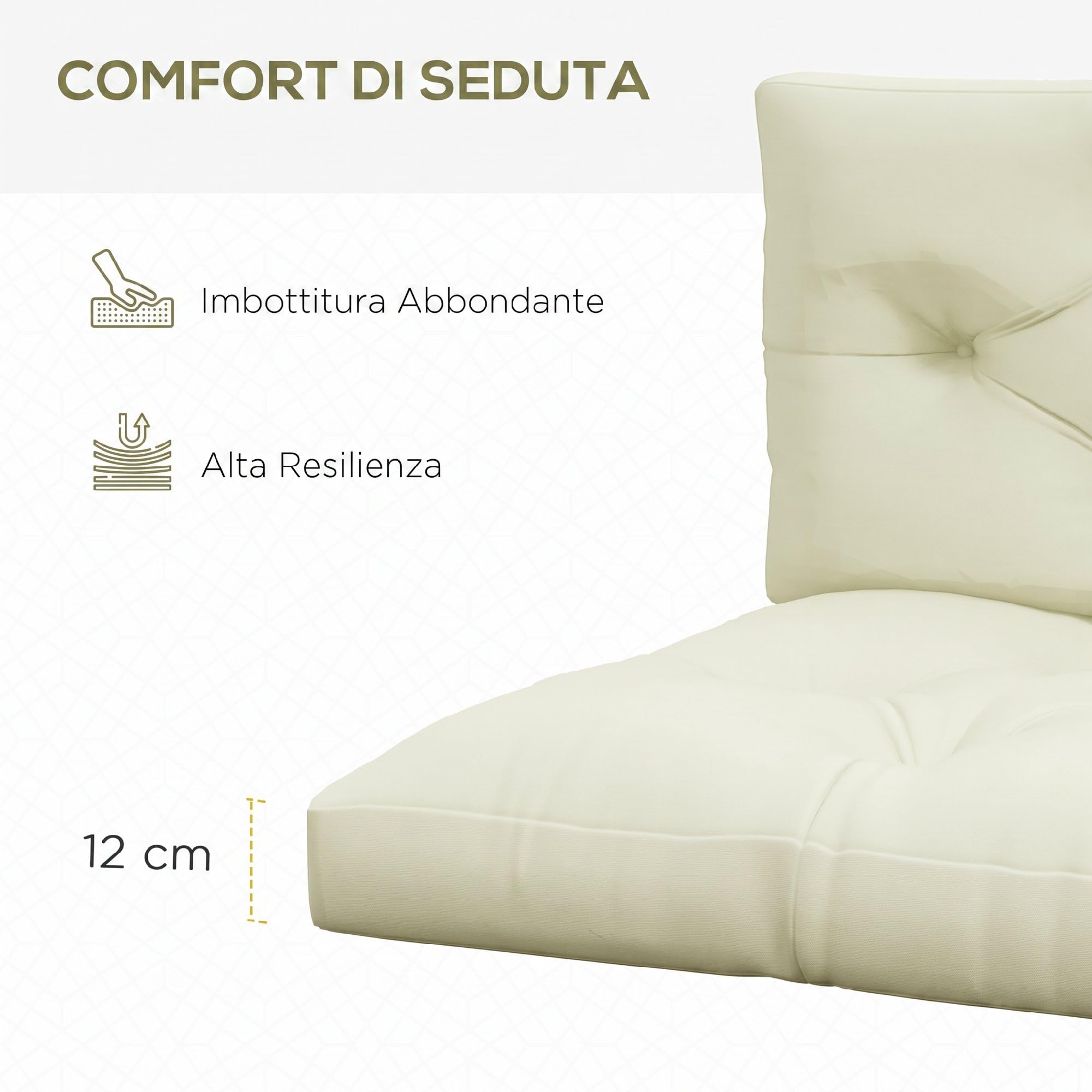 Outsunny Cuscini da Giardino Set 2 Pezzi per Schienale e Seduta con Imbottitura Spessa, Cuscini da Esterno in Poliestere per Divani e Pallet, Crema