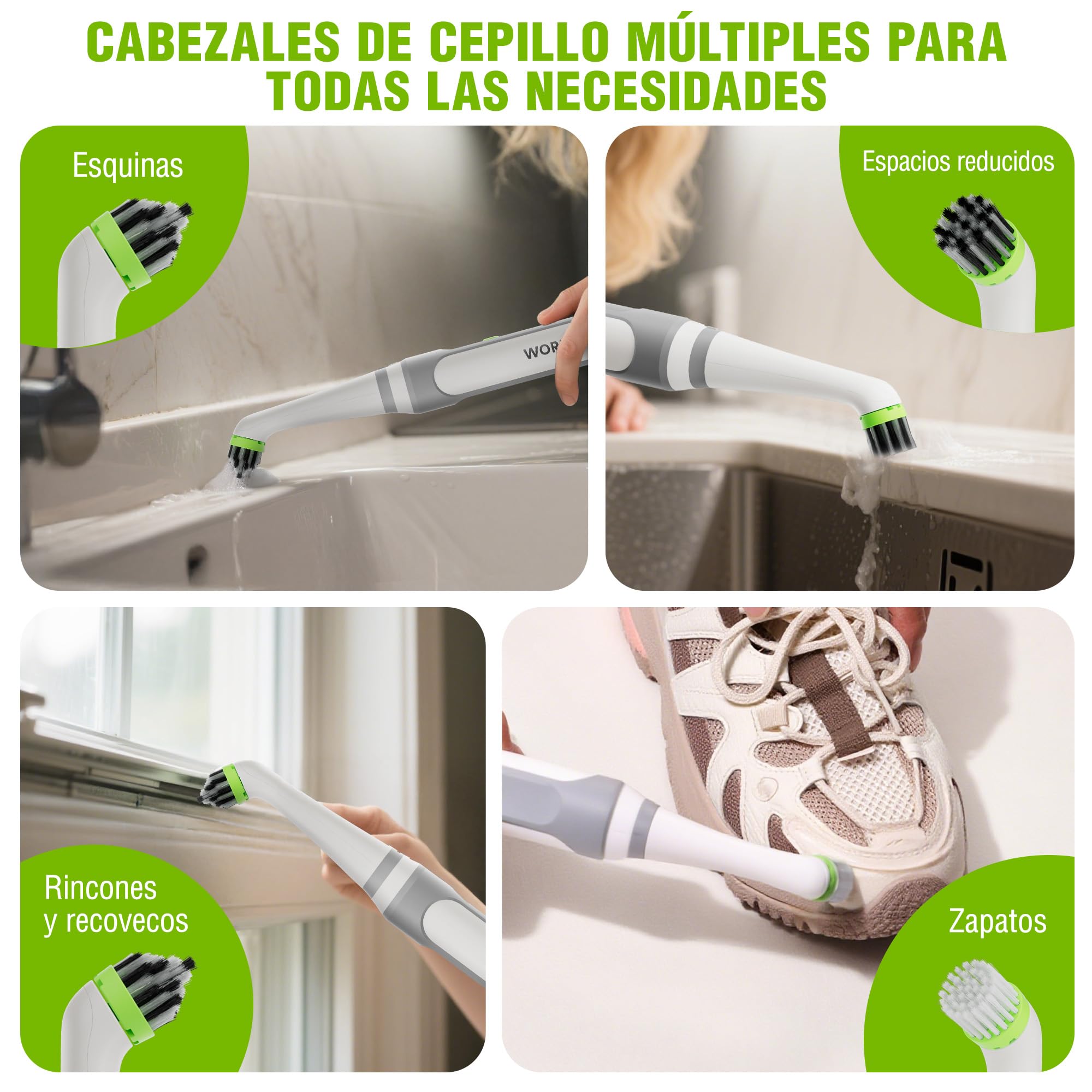 WORKPRO Cepillo Eléctrico De Limpieza 3.6V Recargable con Cabezal Intercambiable,Batería 2000mAh, IPX6 Resistente Al Agua, USB Tipo C, para Juntas, Ranuras, Zapatos Y Hogar