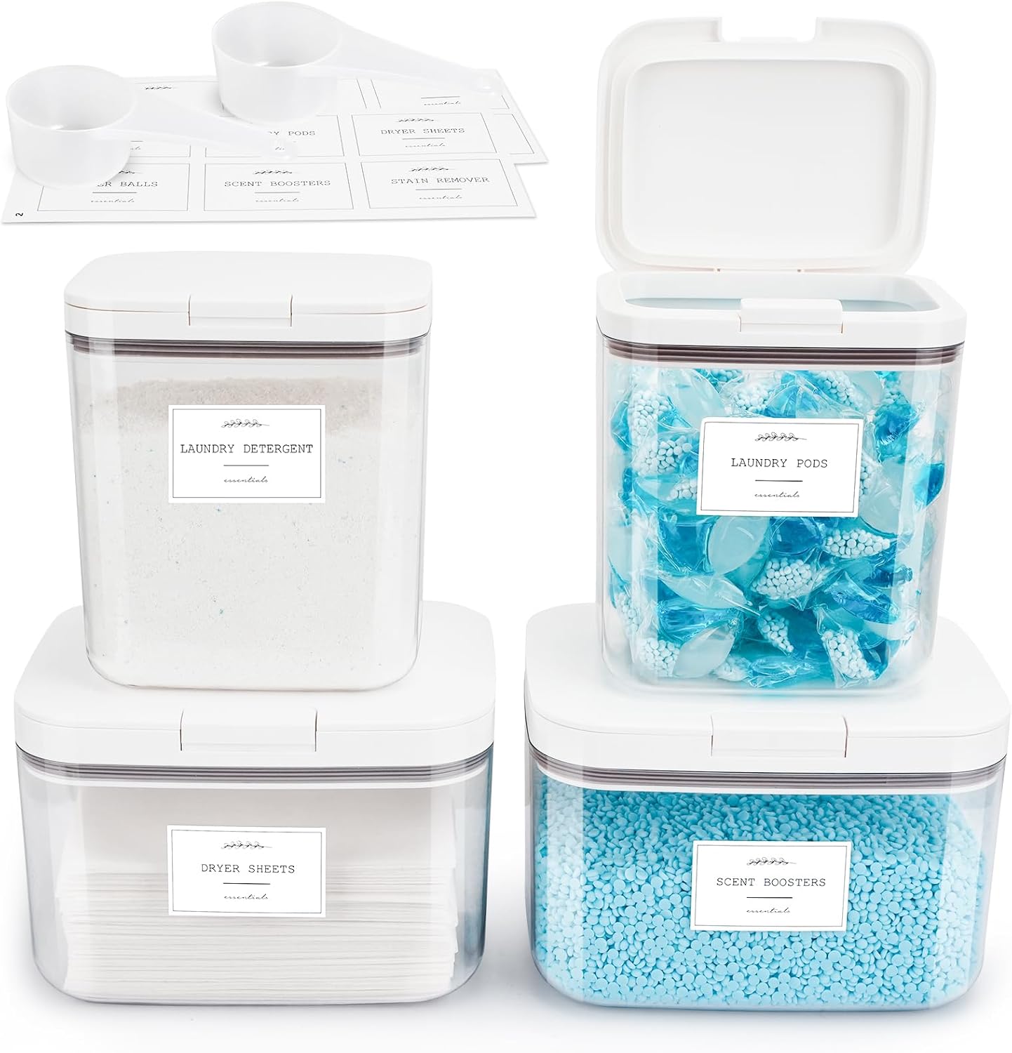 4 Pack Airtight Laundry Detergent Containers & Dryer Sheet Holder with Lids & Scoops, Stackable Laundry Room Organization and Storage for Scent Booster, Powder, Pods
