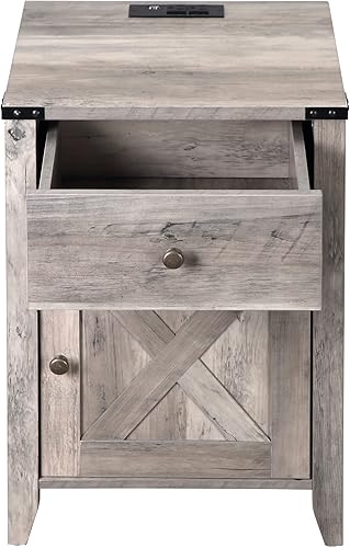 Miniatura 14 de Betterhood Barnwood - Mesita de noche rústica con estación de carga, mesa auxiliar con puerta de granero y cajones, mesa auxiliar estilo roble Roble