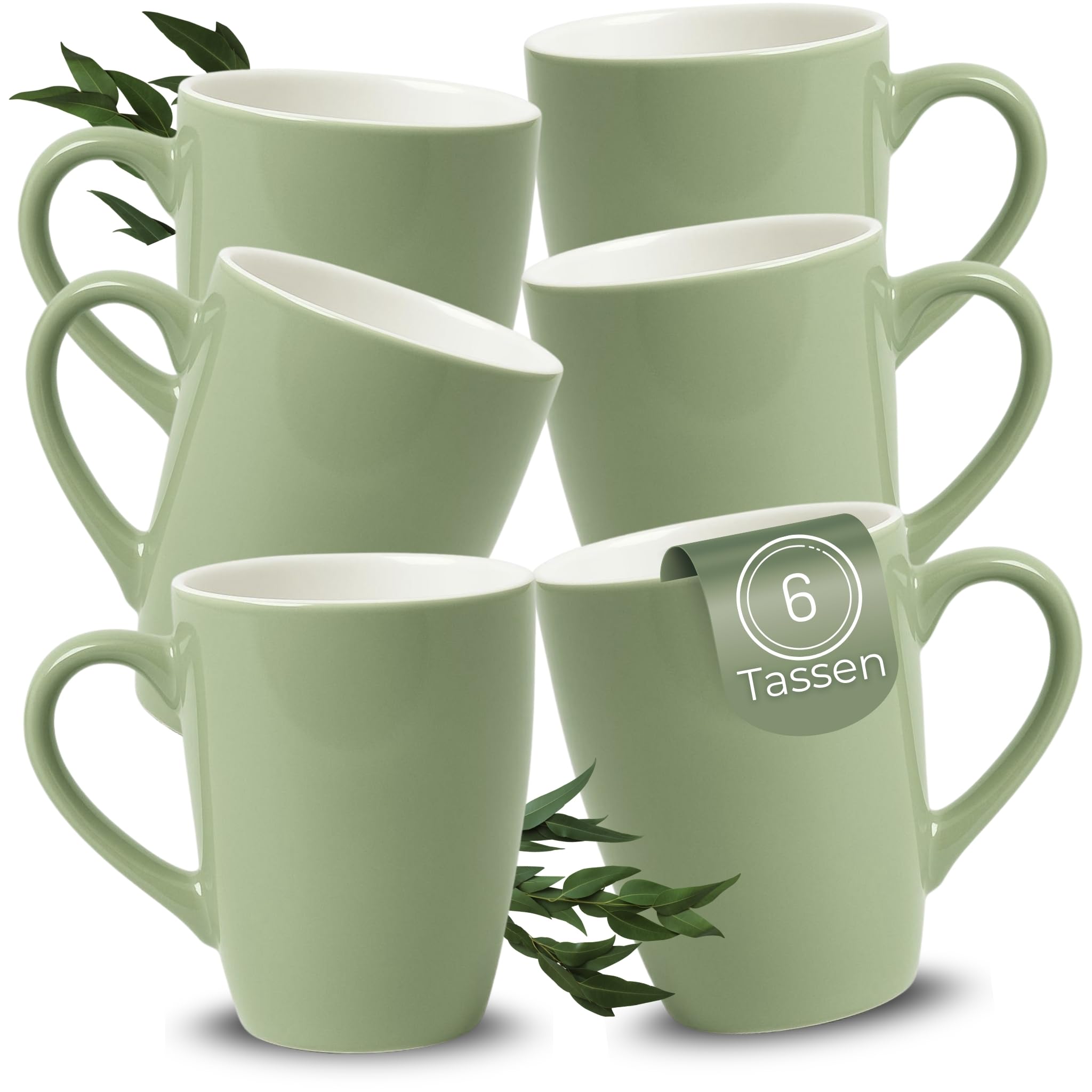 matches21 HOME & HOBBY Set di 6 tazze da caffè in ceramica da 340ml - Tazze da tè per 6 persone in salvia, bicchieri da caffè lavabili in lavastoviglie