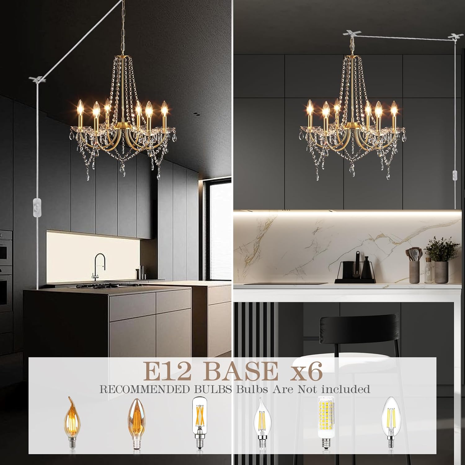 Plug in Gold Crystal Chandelier Lighting with Long Cord, 6-Light Modern Plug Chandelier Crystal Plug in Pendant Light, Classic Hanging Light Fixture for Dining Room Bedroom Living Room Kitchen Closet