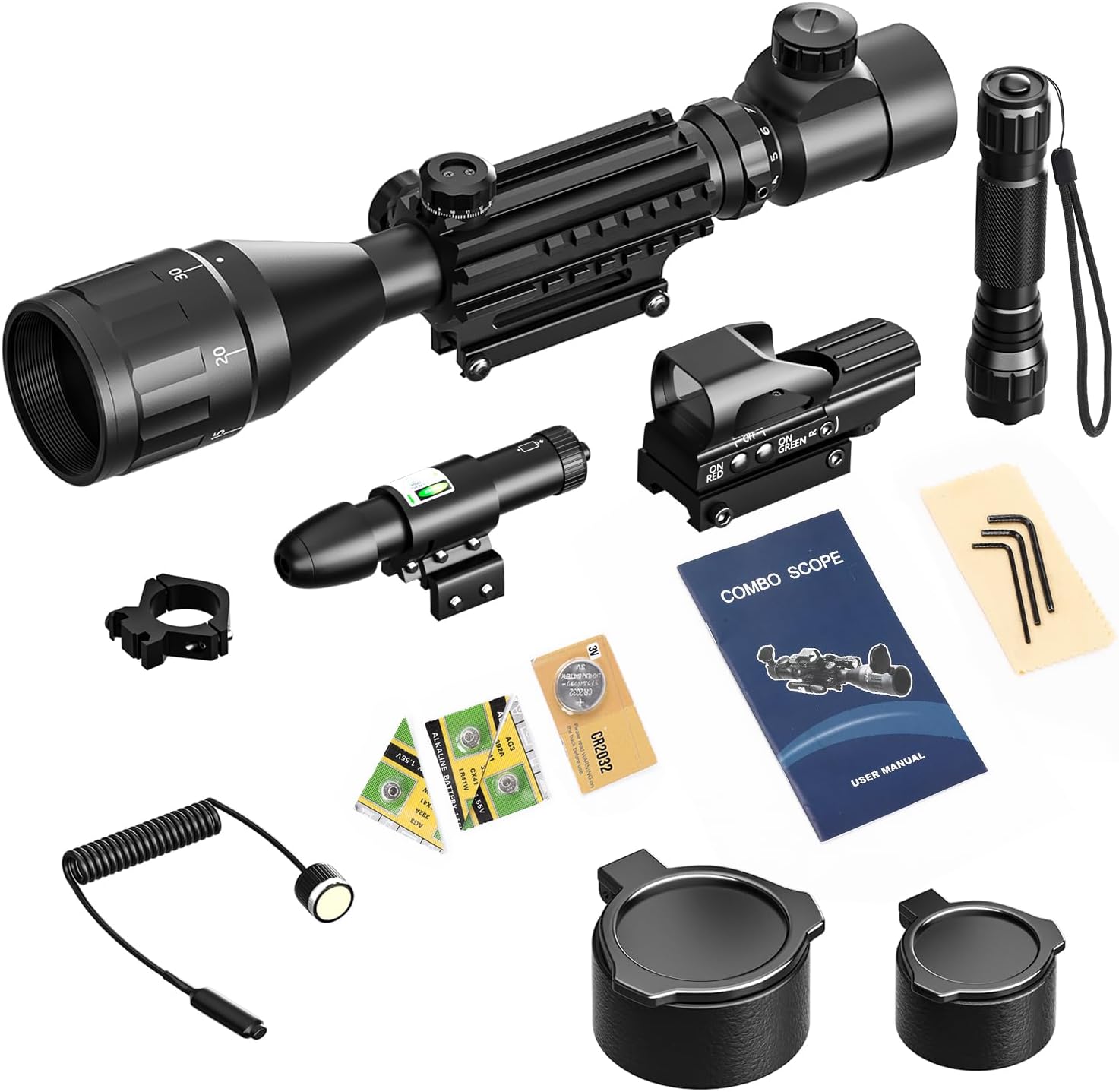 4-16x50 AO Rifle Scope Combo Red/Green Dual Illuminated Optics with Tail Switch Green Laser Sight Reflex 4 Holographic Reticle Red/Green Dot Sight for Rail Mount 5 Modes Flashlight