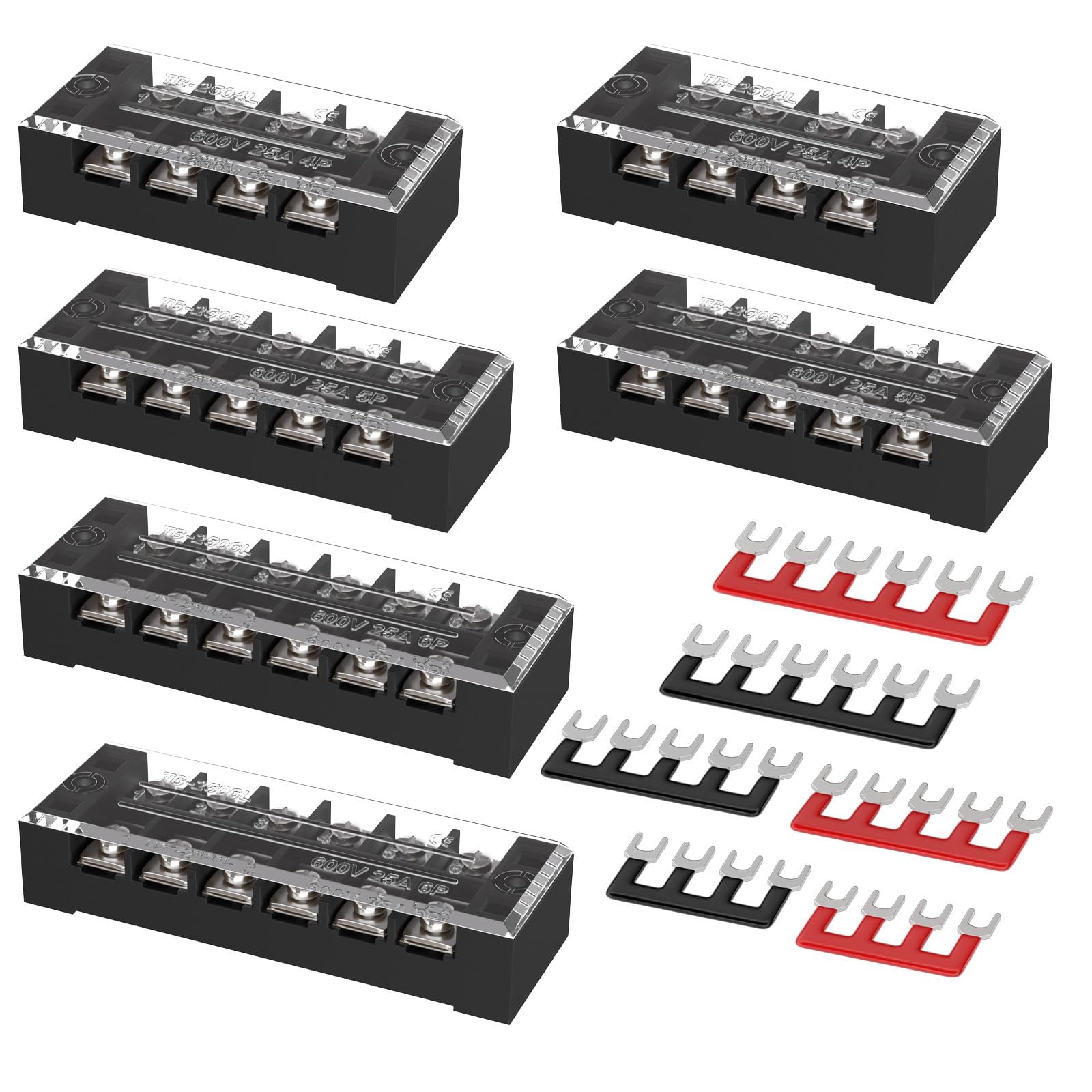 KERWINN Screw Terminal Block, 25A 400V, 4/5/6 Position Dual Row Covered, Pre-Insulated Terminal Barrier Strips (6PCS 25A 4P/5P/6P+6PCS Wiring Strips)