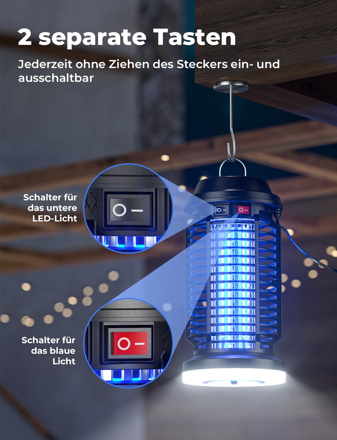 YISSVIC Insektenvernichter Elektrisch, 4200V Mückenlampe 15W, Elektrische Fliegenfalle 2-in-1 mit LED-Beleuchtung, UV-Lampe gegen Mücken und Fliegen, IPX4 für Innen und Außen