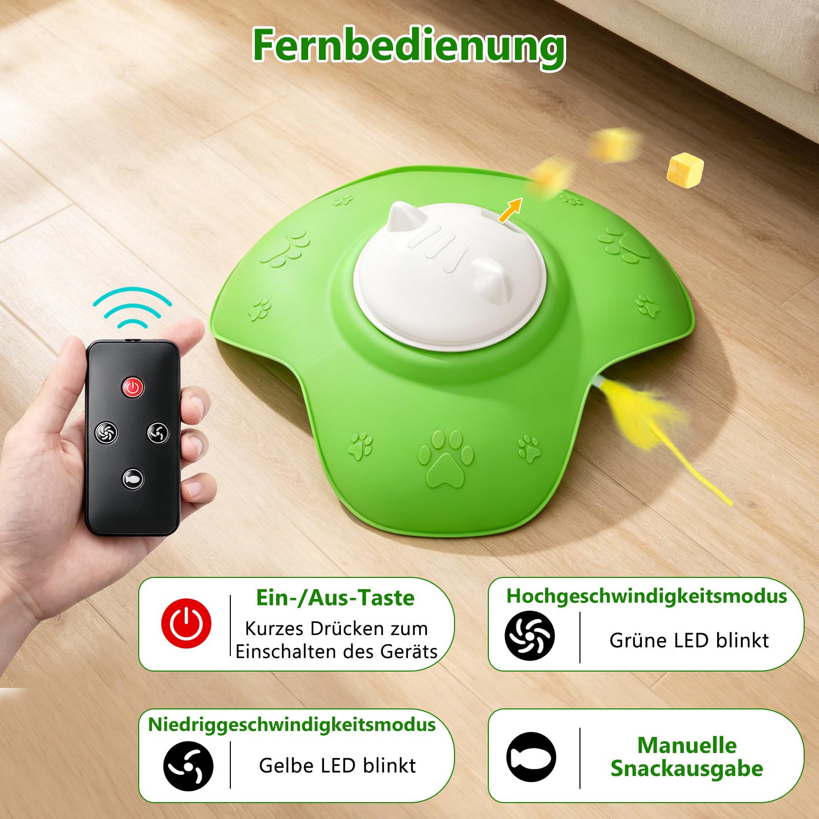 2-in-1 interaktiver Katzenspielzeug für Wohnungskatzen – Intelligentes, wiederaufladbares Federzeug mit Leckerli-Spender, Fernbedienung, 2 Geschwindigkeiten, automatisches Belohnungssystem