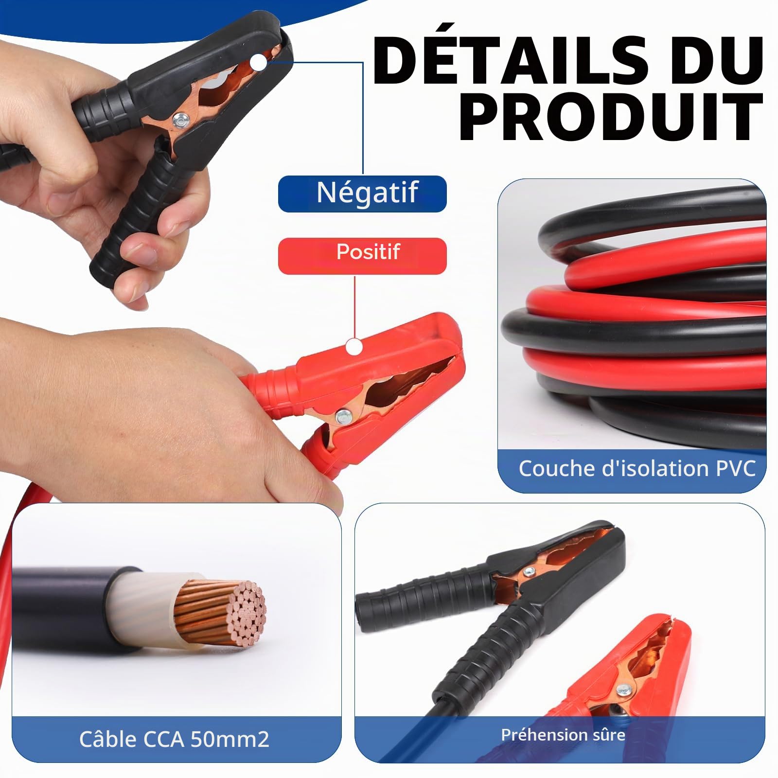 SWAWIS Cable de Demarrage Voiture 4m 50mm² 3000A 12 V/24 V Câbles Batterie pour Transfert Fiable - Pinces Isolées Sécurisées - Jumpstarter avec Sac de Transport pour Voiture,Camion