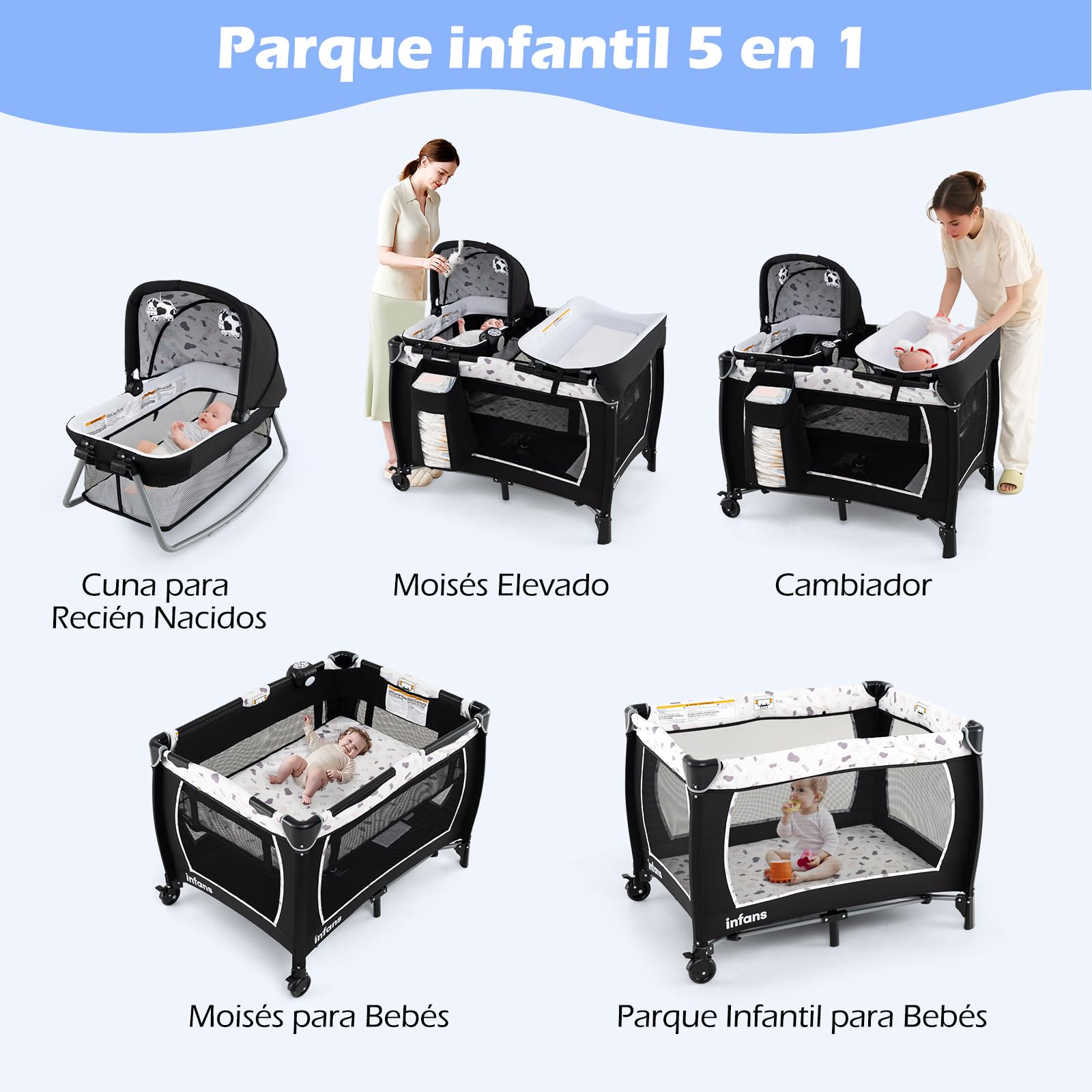 GOPLUS Cuna de Bebé Plegable 4 en 1, Cuna con Ruedas, Colchón, Bolsa de Transporte, Juguetes Colgantes, Cama Infantil de 2 Niveles con Moisés, Cambiador, para Viajes Vacaciones, Carga 15 kg (Beige)