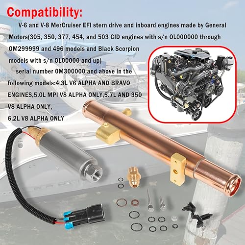 Miniatura 2 de 8M0125852 Kit de bomba de combustible y enfriador compatible con motores V-6 y V-8 Mercruiser Efi, repuesto 8M0125852,861156A03