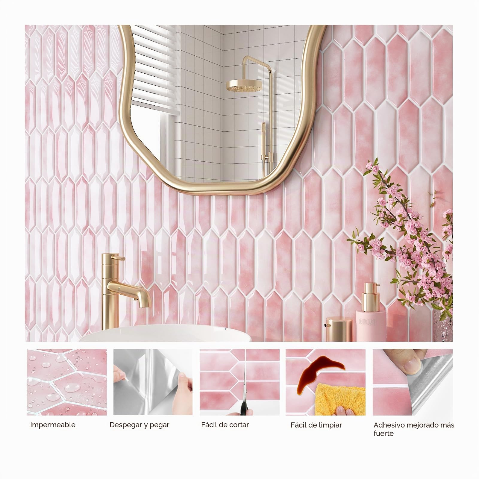 FunStick 30×30CM 30 Baldosas Adhesivas Cocina Paredes Azulejos Adhesivos Baño Rosa Impermeable Azulejo Adhesivo 3D Losetas Adhesivas Cocina Lavadero Vinilo Adhesivo Pared Rosa Azulejos Adhesivos Pared