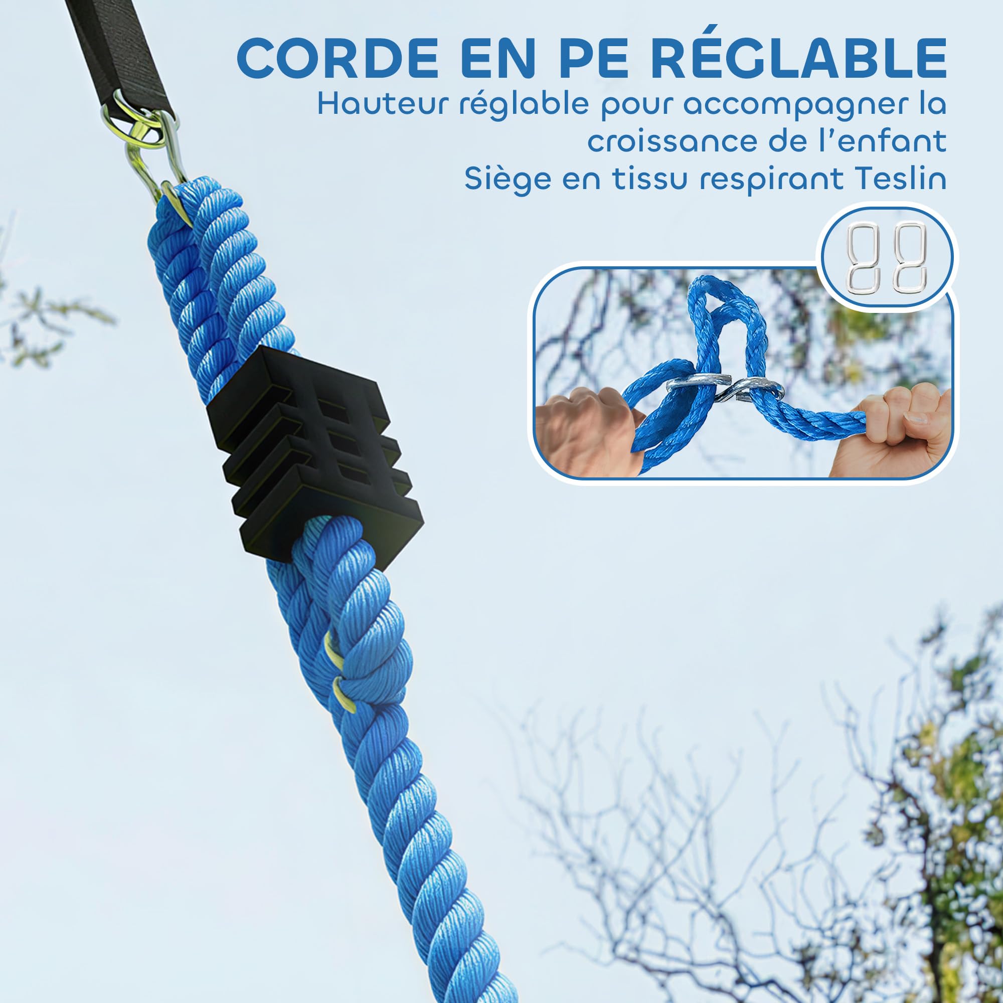 AIYAPLAY Balançoire Nid d'Oiseau Cordes Réglables 2 Enfants Ø 80 cm Bleu | Siège Rond, Charge 200 kg, Aire de Jeux Extérieure, Jardin, Terrasse, Arrière-Cour
