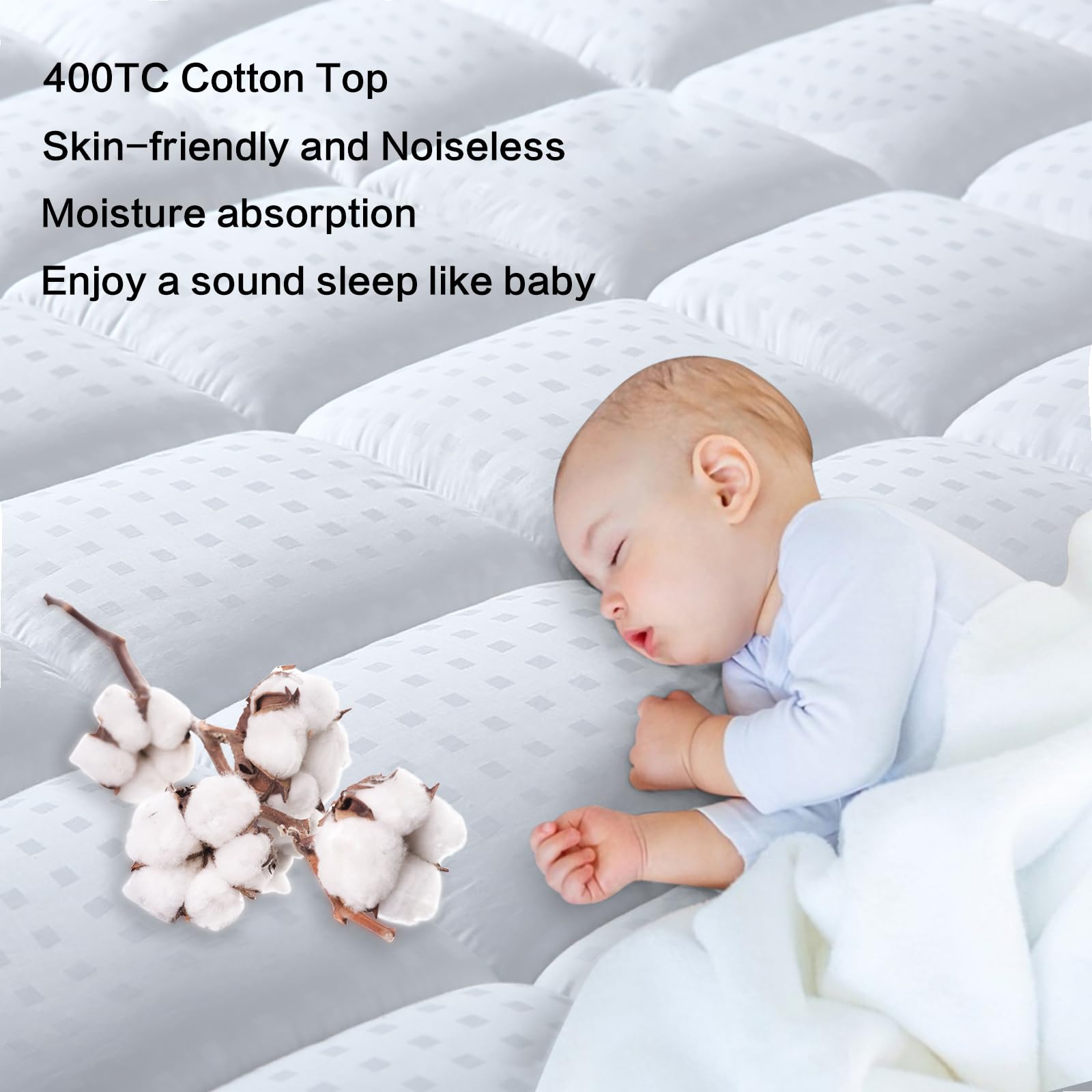 BaliChun BaliChun Queen Size Mattress Pad Cotton Top Mattress Topper Fitted Quilted Mattress Cover Soft Breathable Pillow Top Cooling Mattress Protector Stretches up 8"-21" Deep Pocket (60×80 Inches, White) in use