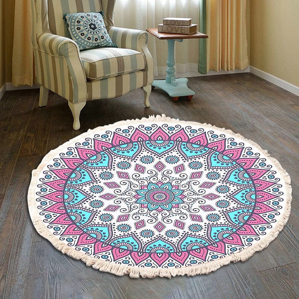 Duories Vintage Boho Cotton Rugs, Mandala Pattern, Washable Hand Woven Bohemian Round Rug with Tassels for Bedroom Hallway