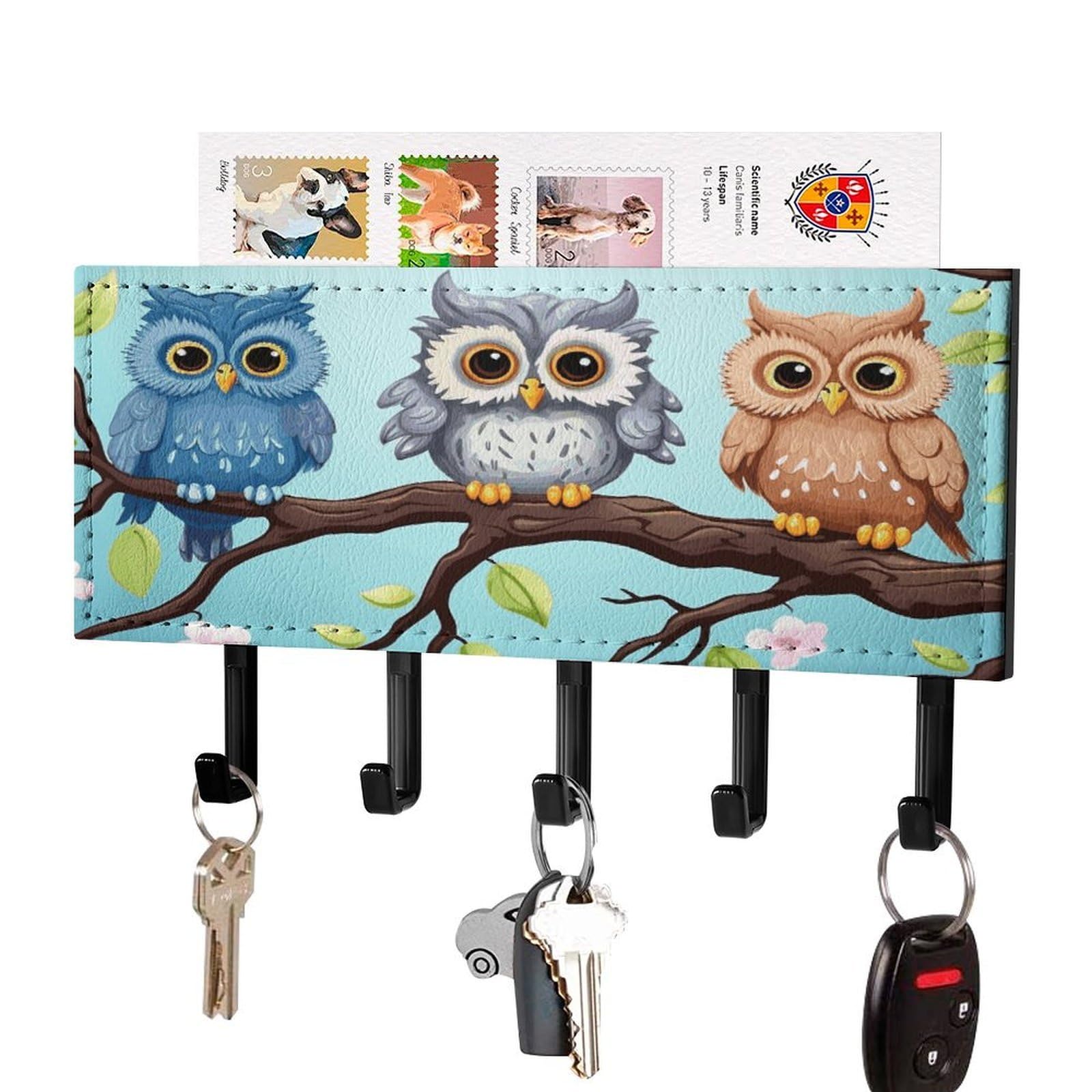 Fodpand Black-Style Owls On A Branch Key Holder For Wall Mount Key Hooks Key Rack With Self Adhesive Pu Key Hanger Personalized Key Organizer Rack With 5 Hooks For Hallway Door Entryway