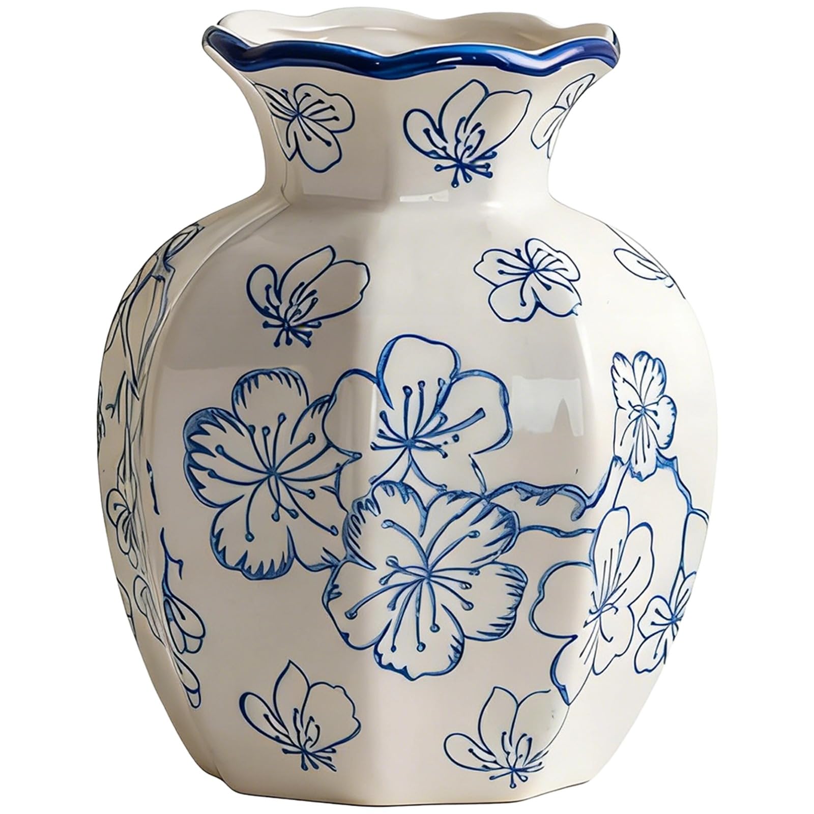 Vase octogonal en céramique bleu et blanc 15 cm à motif floral vintage