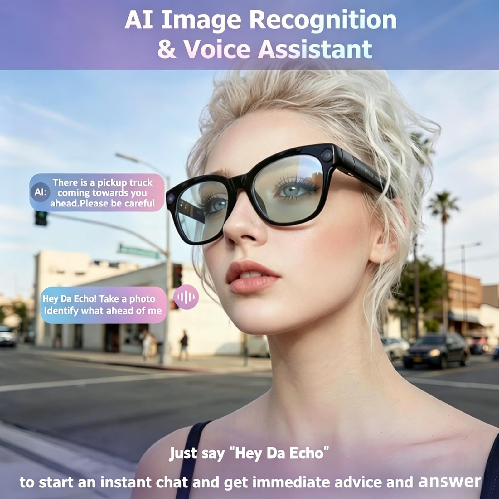 Smart Brille mit Kamera und Bluetooth, 800W HD Kamera, Open-Ear Audio Videoaufnahme Übersetzung KI-Brille mit elastischem Rahmen für Männer & Frauen, 300mAh Akku für Reisen, Laufen, Vlog, Meetings