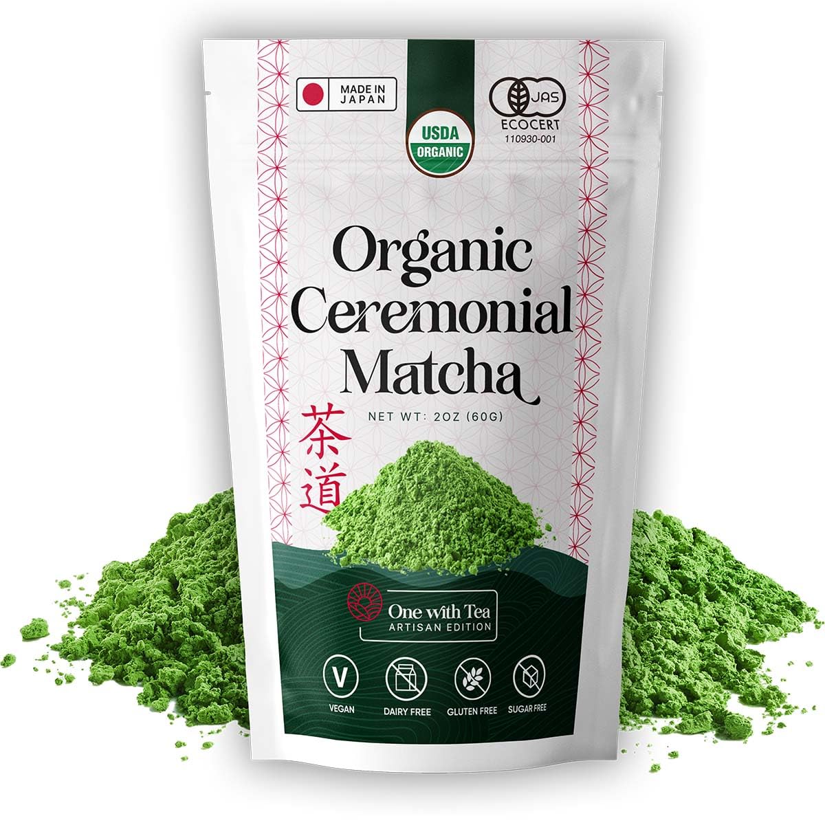 ONE WITH TEA Ceremonial Matcha Powder USDA Organic 2oz – Authentic Japanese Green Tea, Made in Japan | Perfect for Matcha Latte, Smoothies, Hot & Iced Drinks